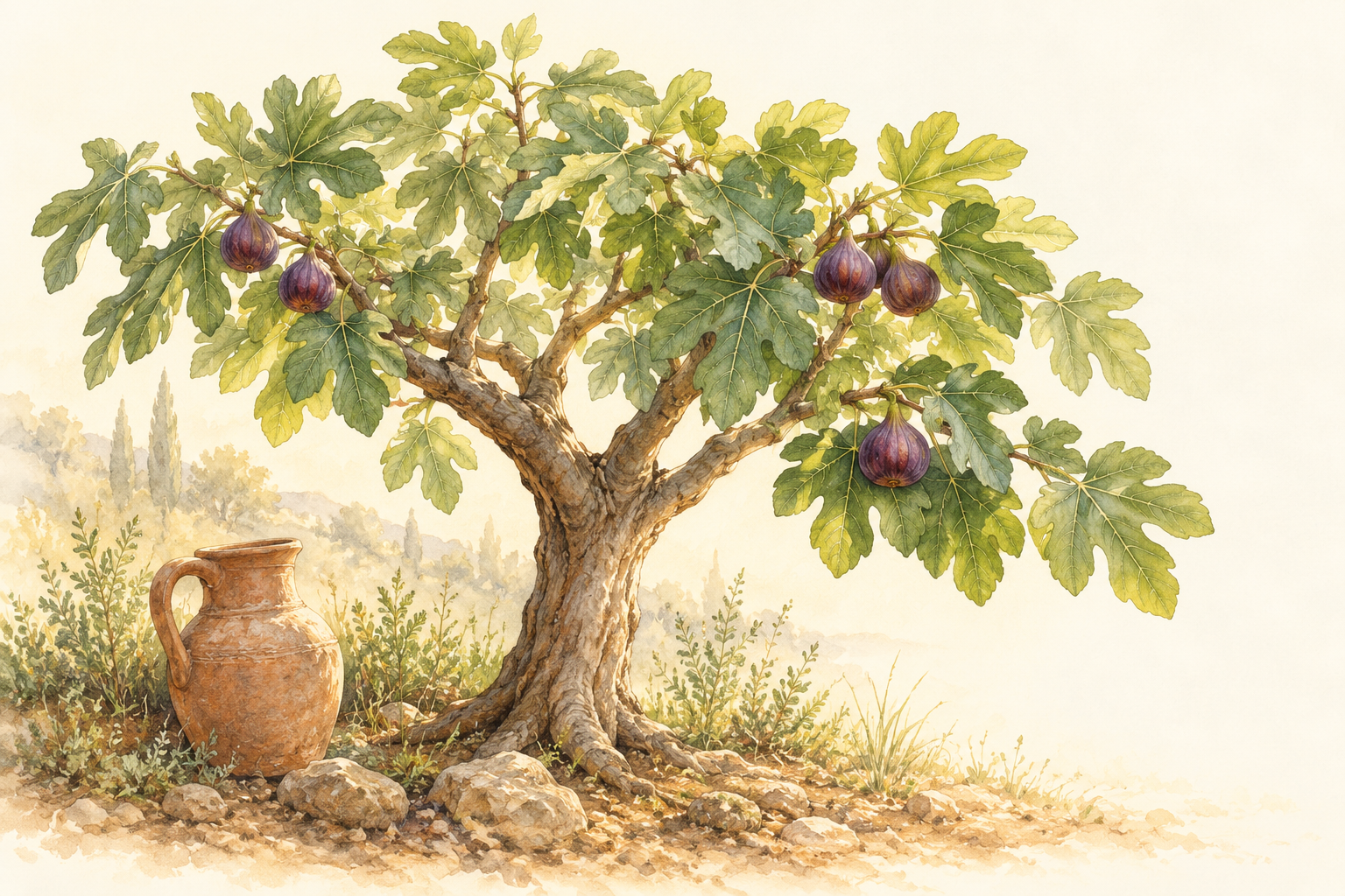 Watercolor fig tree with green leaves, purple figs, and a watering vessel beside its roots